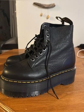 Dr. Martens Black Platform Lace-Up Boots with Yellow Stitching
